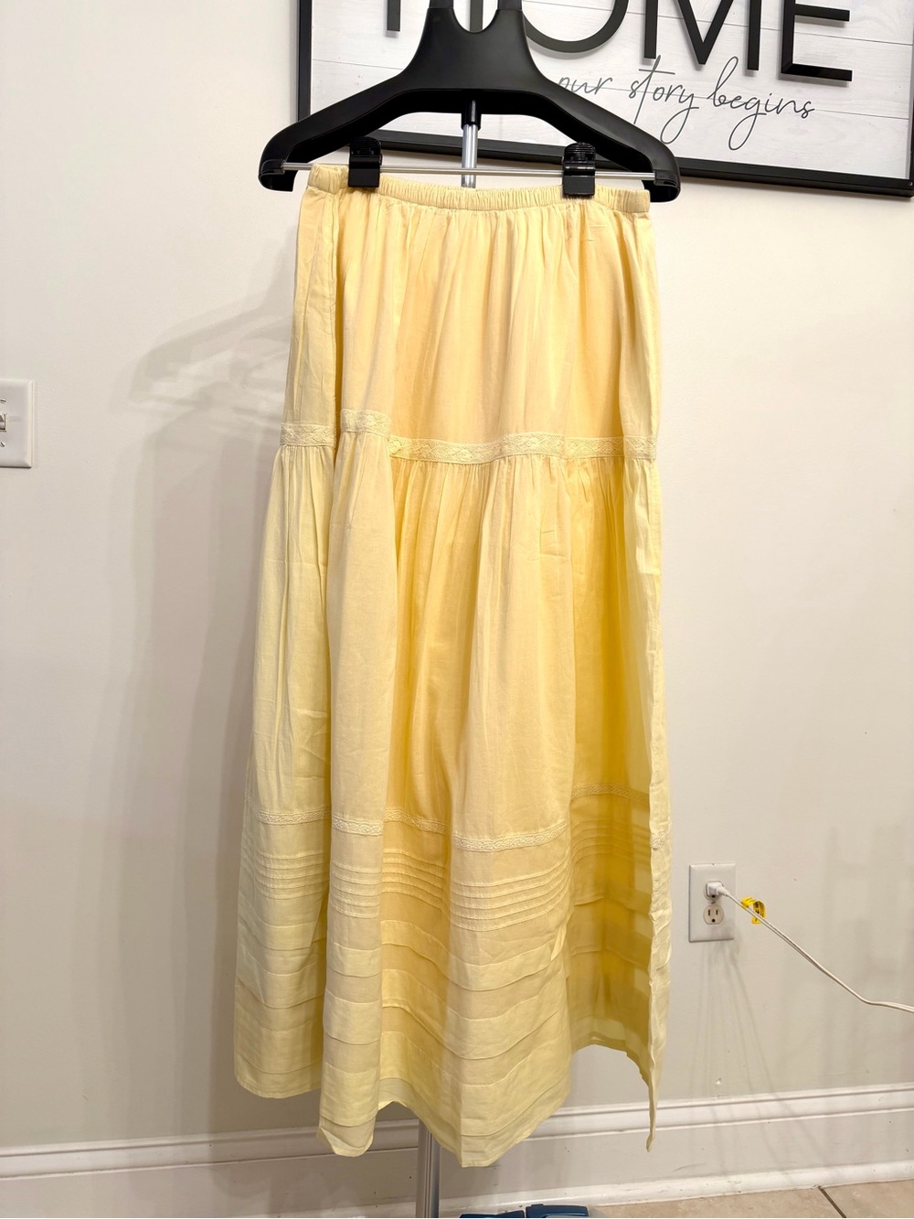 NWOT Women's Yellow Boho Solid Maxi Long Skirt Lace Accents Elastic Waist